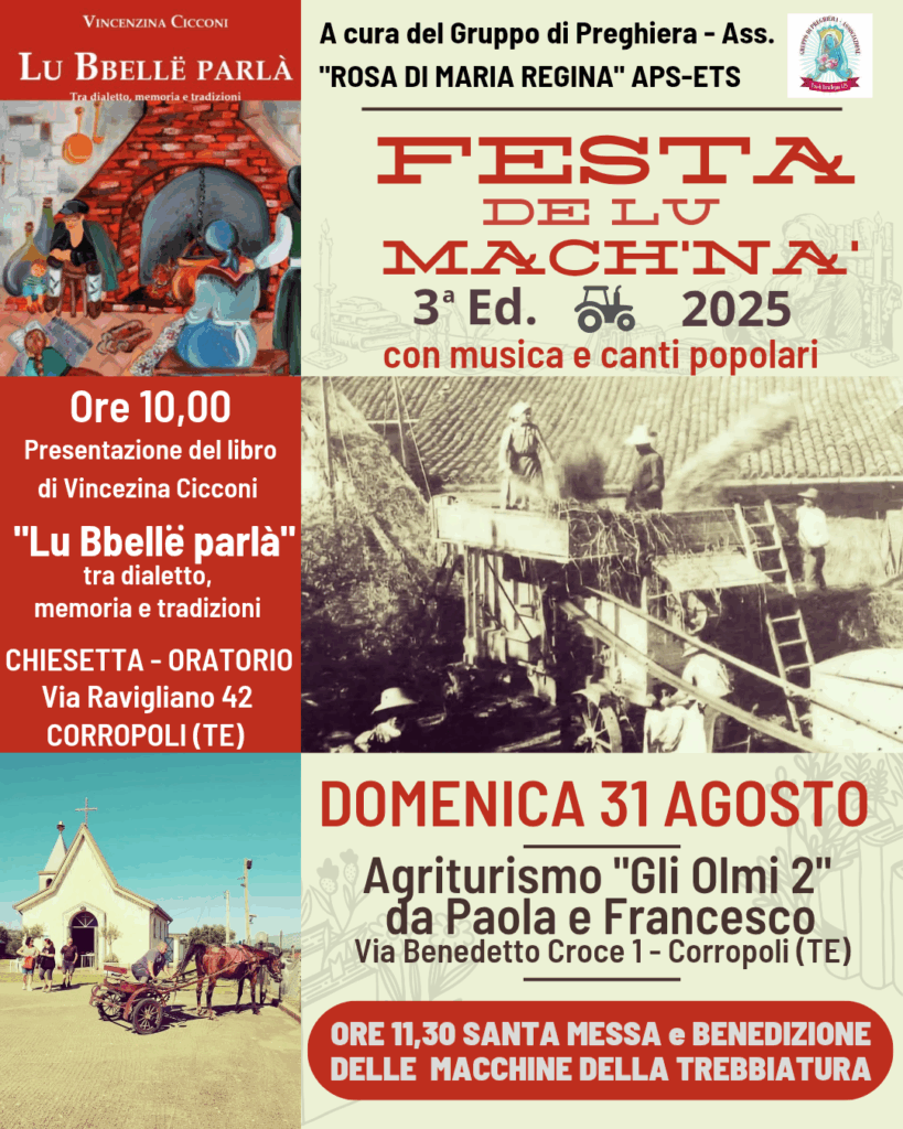 UN FINE AGOSTO DA NON PERDERE A RAVIGLIANO DI CORROPOLI: TRA TRADIZIONE, CULTURA E FEDE CON LA TERZA EDIZIONE DELLA “FESTA DE LU MACH’NA’ 2025”.