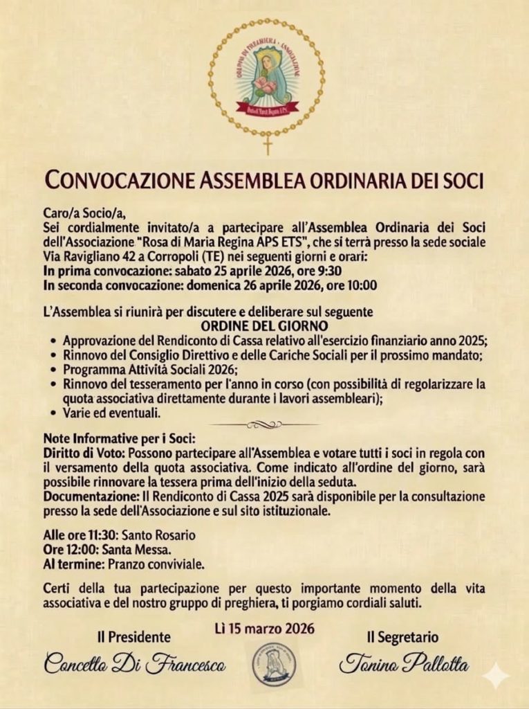 L’Associazione “Rosa di Maria Regina” di Corropoli si prepara all’assemblea annuale: tra fede, arte e cultura del territorio.